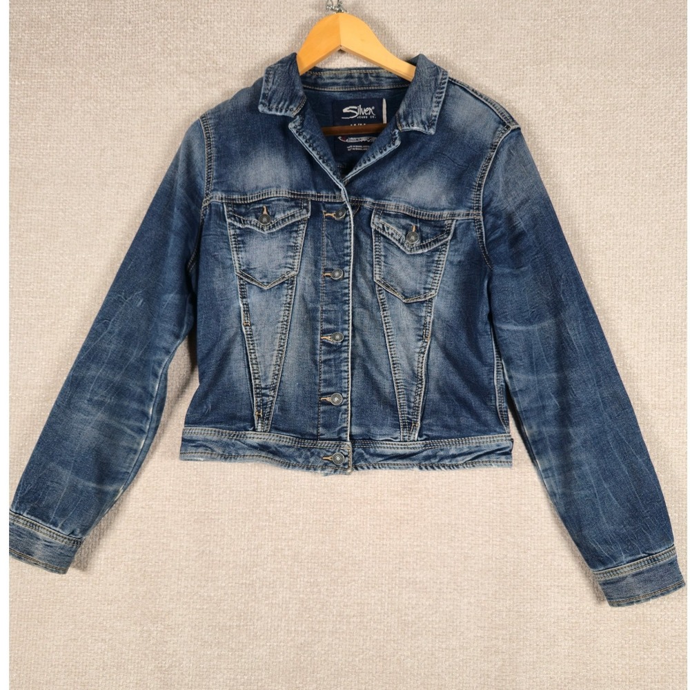 Silver Jeans Co. Womens Jean Jacket Sz M Medium Distressed Faded Denim Trucker‎